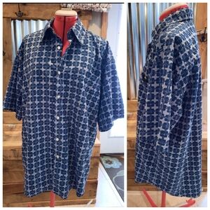 Vtg Bogari Silk Shirt L Blue Geometric Short Sleeve